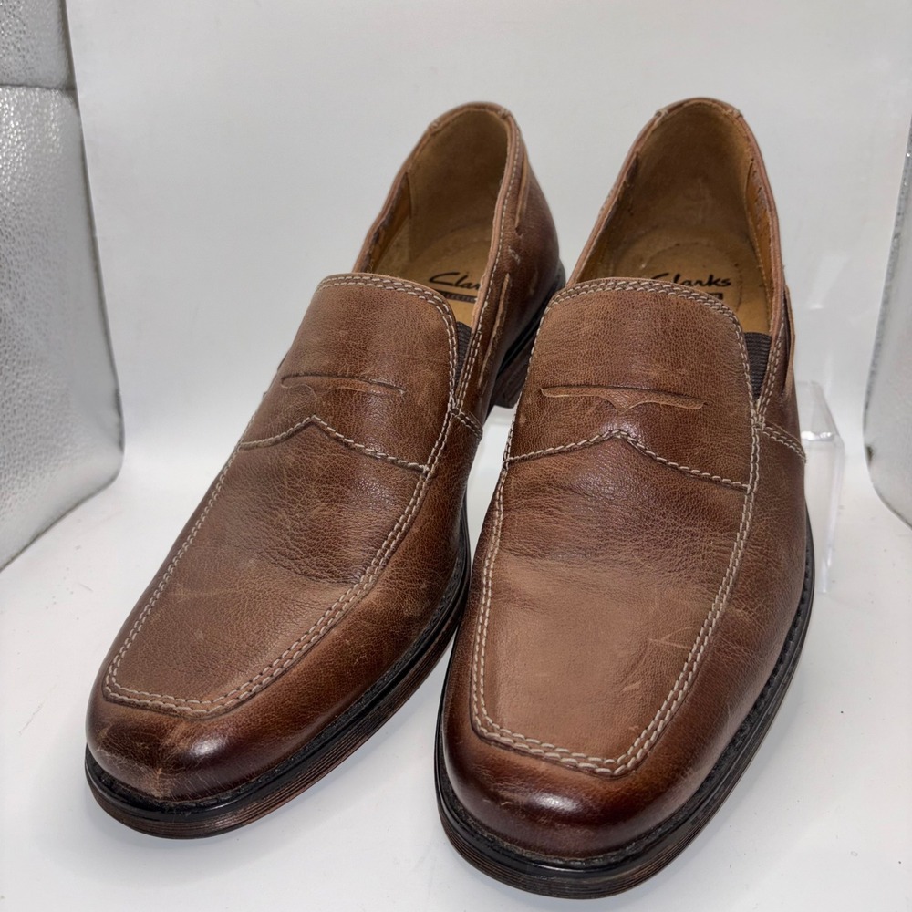 Clarks Brown Leather Penny‎ Loafers Mens 9 Cushion Soft Slip On Dress Deck Shoes